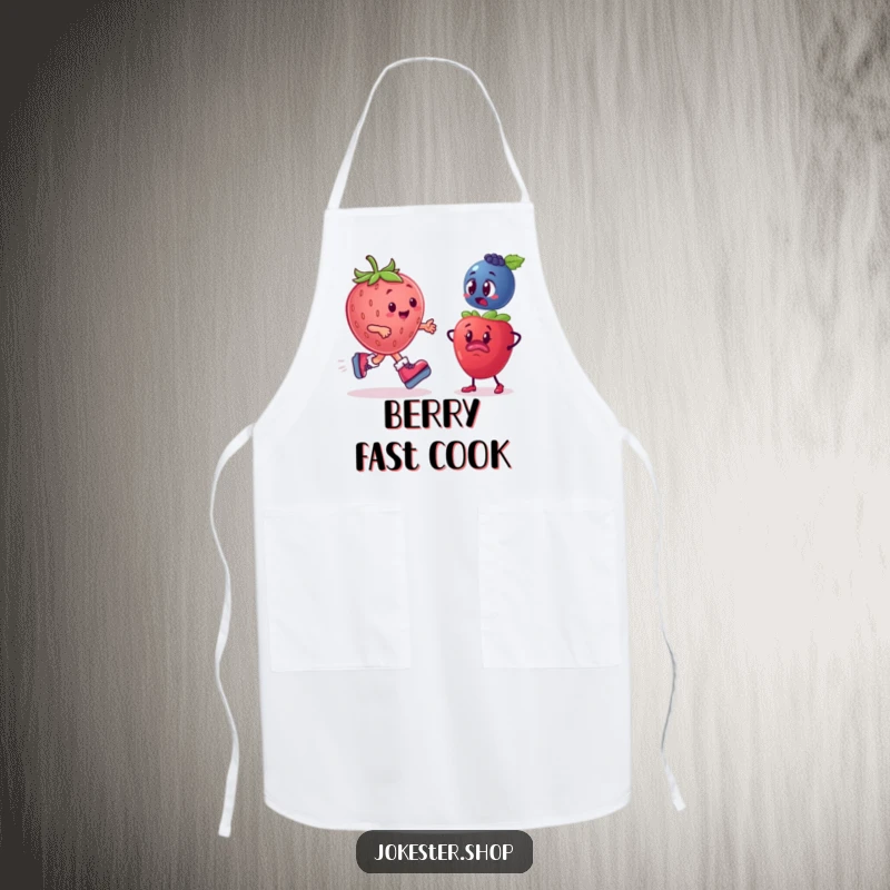 Funny Fruit Apron: Depicts a plump strawberry on roller skates zooming past a bewildered blueberry, perfect for culinary fun.