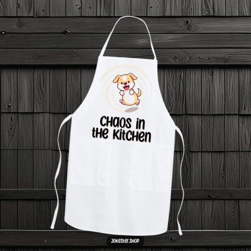 Funny dog apron, bewildered dog chasing its tail in a dizzying spiral, a humorous and practical kitchen accessory.