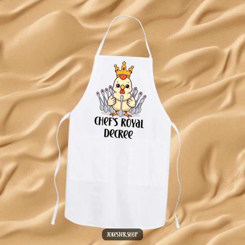 Funny rubber chicken in a crown, commanding a spoon army, ready for kitchen duty on a humorous apron.