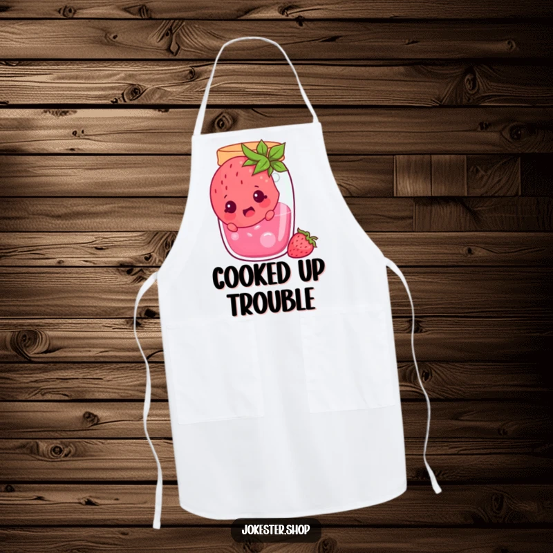 Funny cheerful strawberry stuck in a jam jar, looking surprised, a humorous kitchen apron for cooking, showcasing funny fruit, a funny gift.