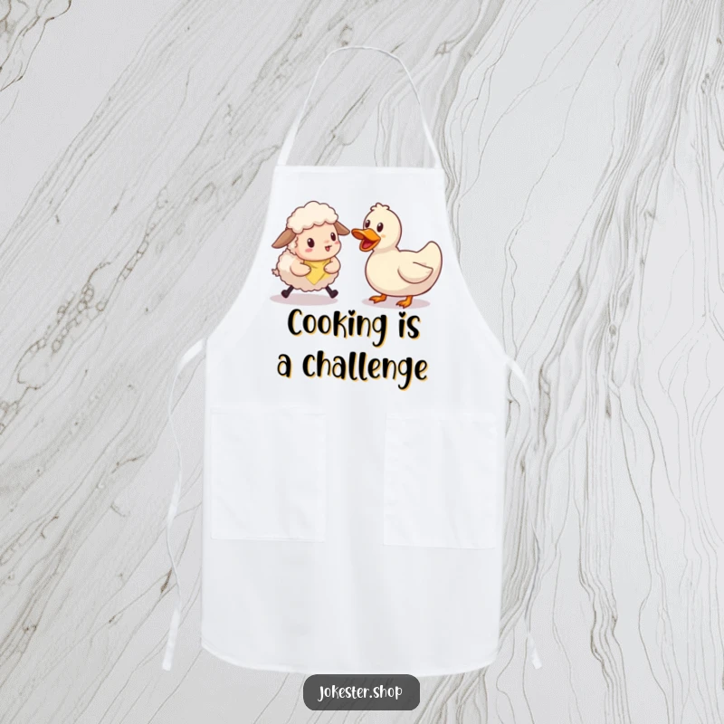 Funny sheep character comically trying to herd a single, very stubborn rubber duck in the kitchen. A functional and funny apron.