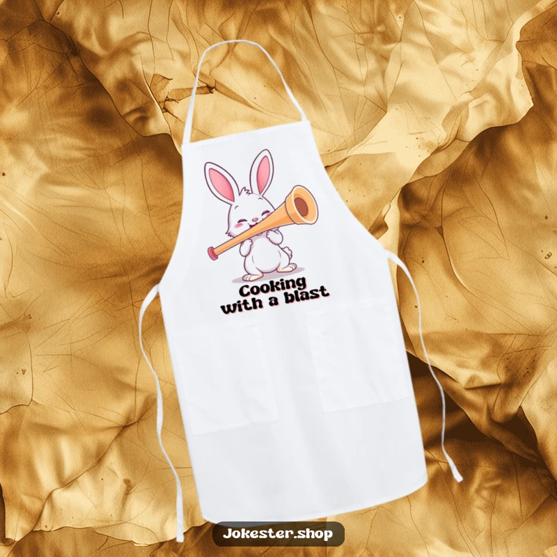 Funny rabbit character dressed as a chef, comically playing a giant kazoo while cooking. A functional and funny apron.
