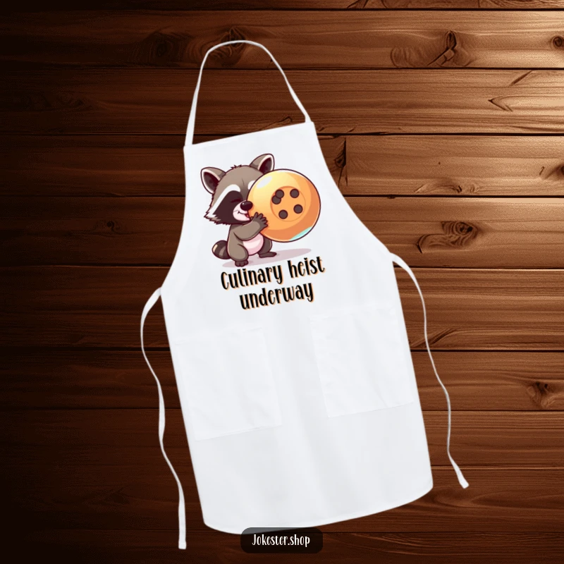 Funny raccoon apron depicting a mischievous raccoon attempting to steal a giant, shiny button, ideal for keeping clothes clean with humor.