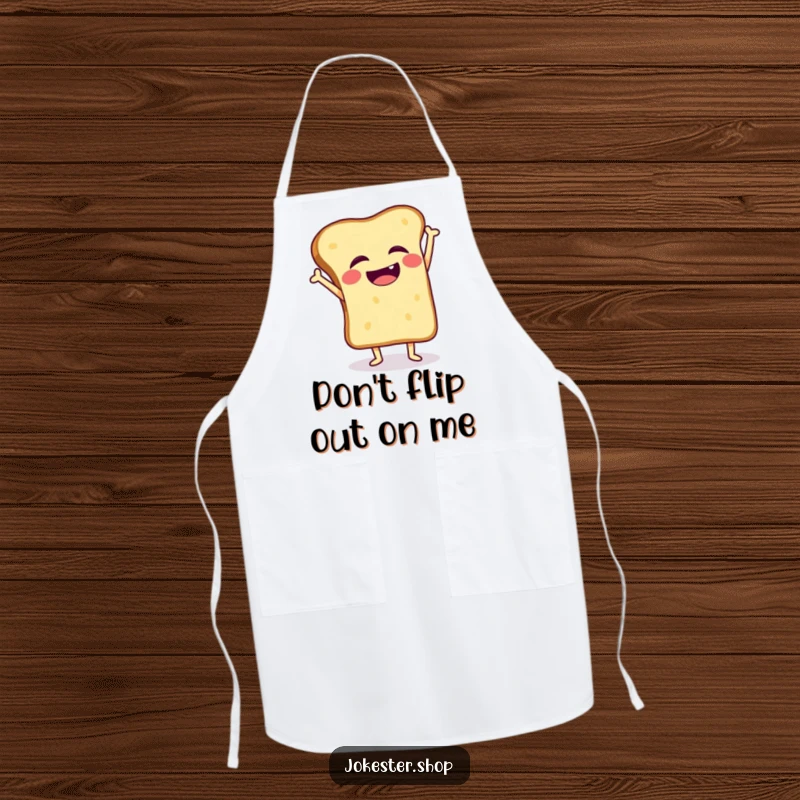 Funny apron of a giggling toast slice wobbling while attempting a handstand, perfect for kitchen fun.