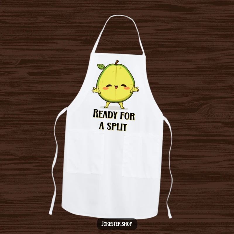 Funny Apron depicting a confident avocado performing a dramatic split, perfect for a humorous cooking experience.