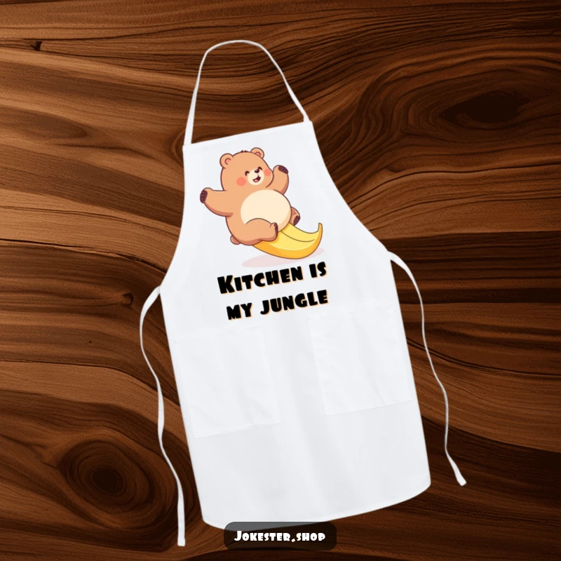 Funny bear apron showing a plump bear comically slipping on a banana peel, designed for a fun-loving cook.