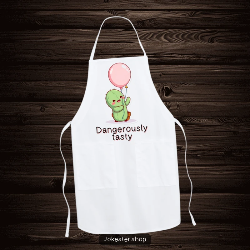 Funny cactus character comically hugging a balloon on an apron, perfect for kitchen humor and protecting your clothes.