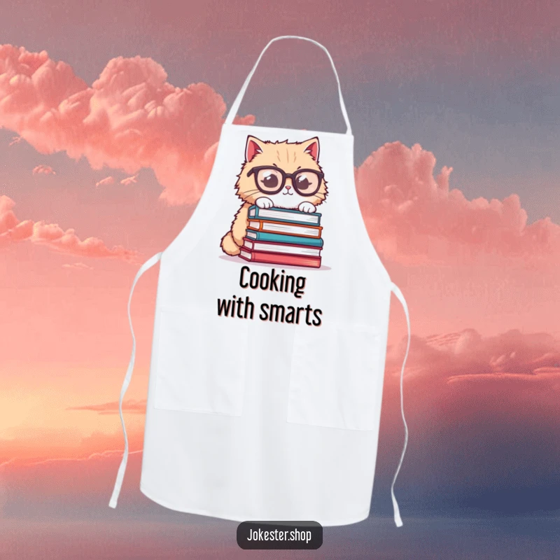 Funny cat apron, fluffy cat wearing oversized glasses, trying to balance books, a humorous and practical kitchen accessory.
