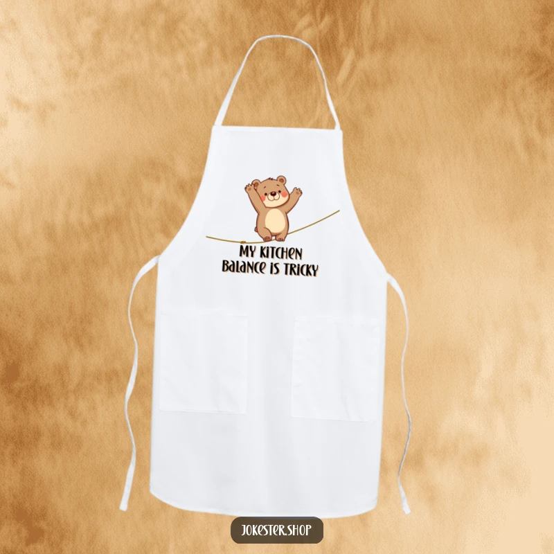 Funny apron illustration of a bear struggling on a tightrope, arms flying, a hilarious addition to any kitchen.