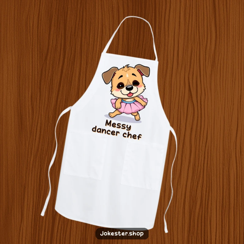 Funny dog apron, wearing a tutu and comically tripping, adding a touch of goofy humor to any kitchen task.