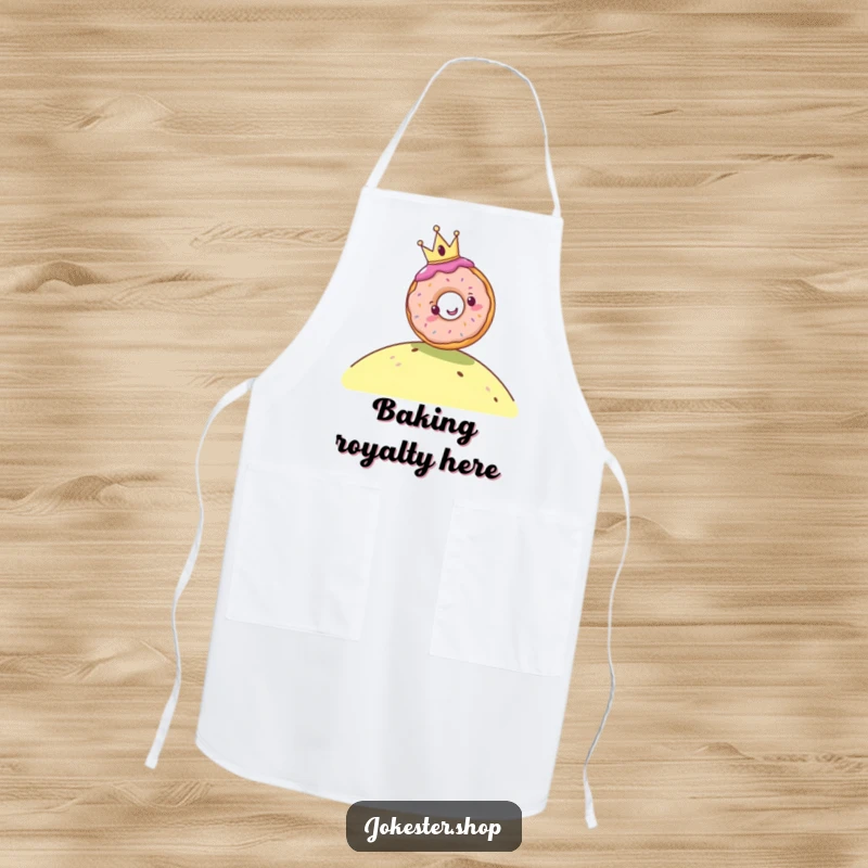 Funny apron showing a cheerful donut wearing a tiny crown rolling down a hill, ideal for adding humor to baking and making a practical, funny gift.