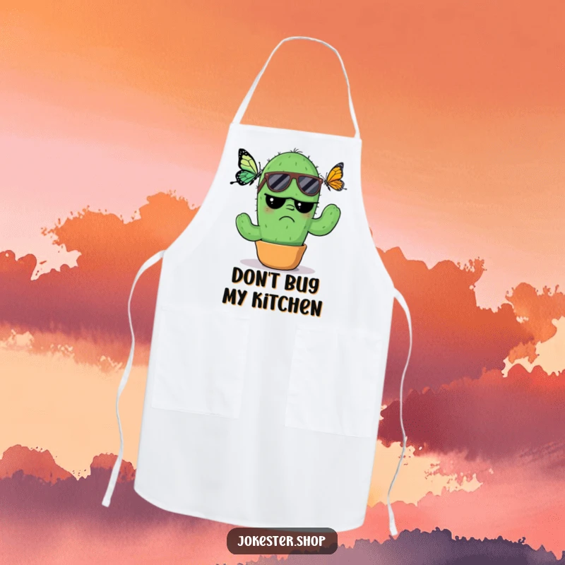 Funny Apron: A grumpy cactus wearing sunglasses, annoyed by a butterfly, adding a humorous and cool touch to any kitchen adventure.