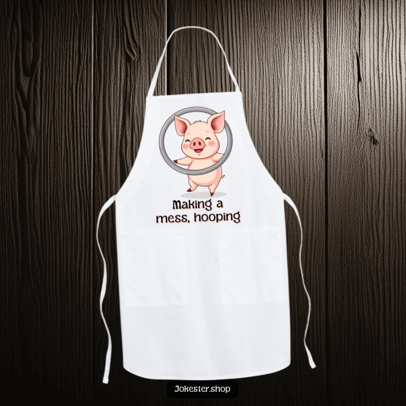 Funny apron print of a happy pig energetically hula hooping with a large ring, a comical and joyful kitchen accessory.