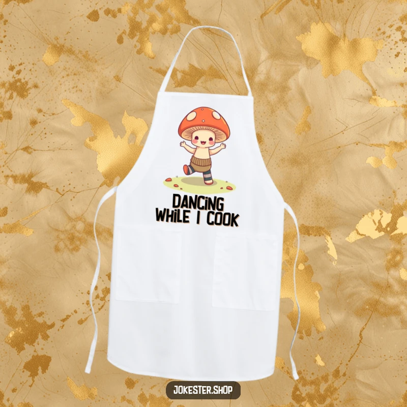 Funny Apron: A mushroom in a lively dance pose, wearing mismatched socks, ready to add a splash of humor and personality to any cooking session.