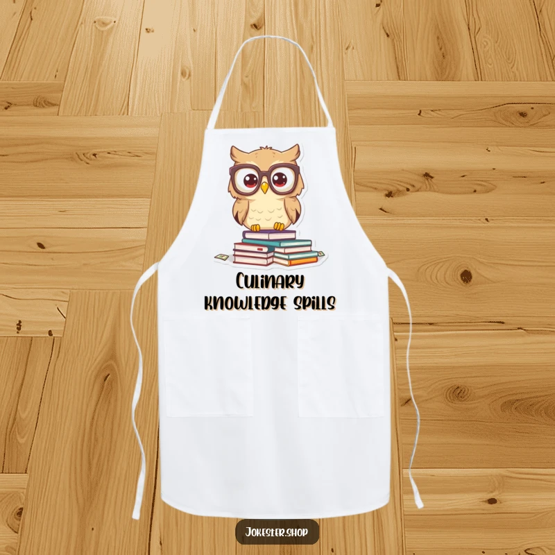Funny owl character in librarian glasses, books falling around it in the kitchen. A functional and funny apron.