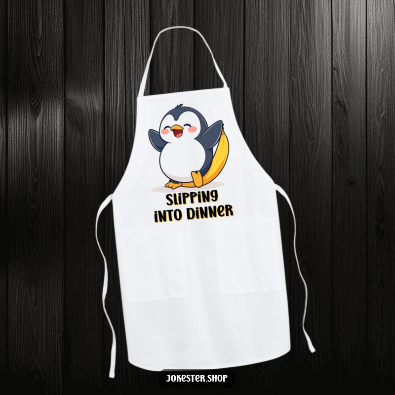 Funny kitchen apron showing a plump penguin comically slipping on a bright yellow banana peel.
