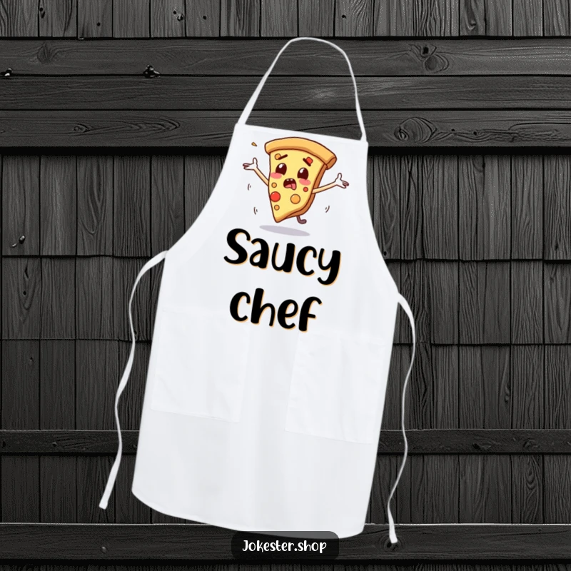 Funny apron for cooking, showing a startled slice of pizza with flailing arms as it slides, perfect for kitchen humor.