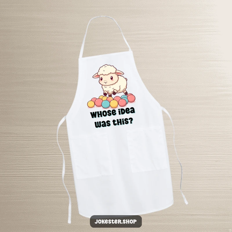 Funny sheep comically attempting to herd tiny bouncy balls, ready for kitchen duty on this humorous chef apron.