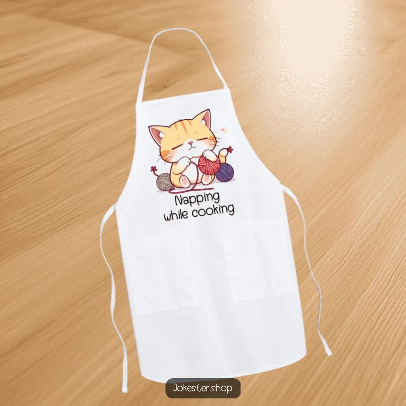 Funny apron featuring a sleepy cat attempting to juggle yarn balls, looking tired, ideal for humorous kitchen tasks and craft sessions.