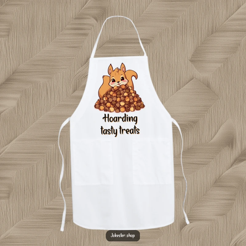 Funny Apron: Design of a mischievous squirrel hoarding acorns, great for chefs who love nature and humor.