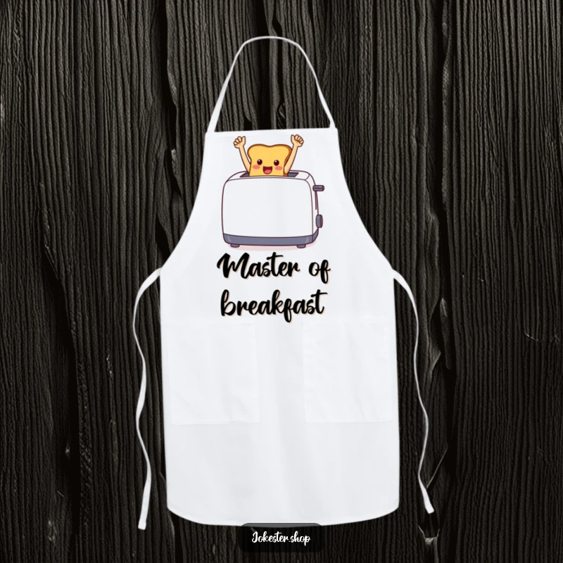 Funny cheerful toast jumping from a toaster with arms raised in triumph, on a practical kitchen apron.