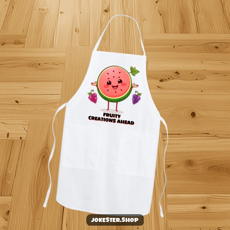 Funny apron showing a cheerful watermelon slice juggling three tiny grapes, ideal for adding humor to cooking and baking.