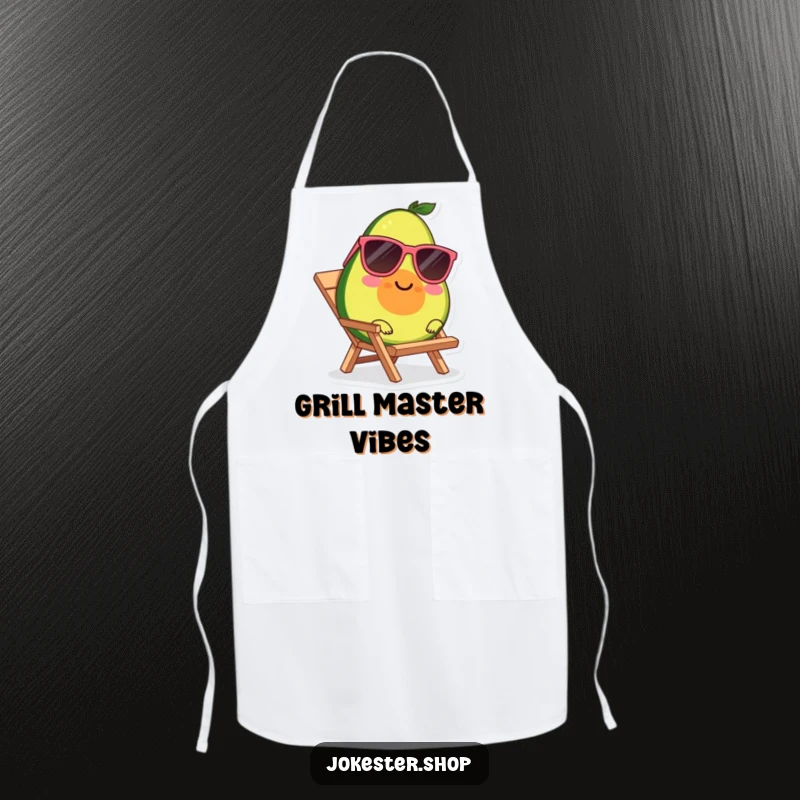 Funny kitchen apron showing a smiling avocado character wearing sunglasses, lounging on a tiny beach chair.