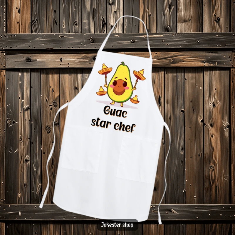 Funny apron for cooking, showing a determined avocado character juggling three miniature sombreros, perfect for fiesta-themed meals.