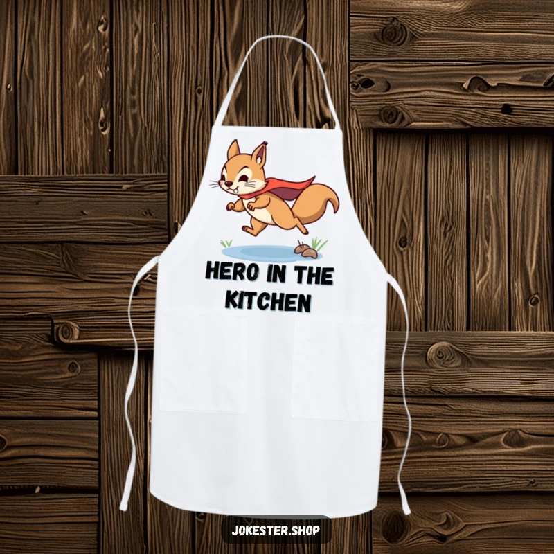 Funny squirrel apron with a determined squirrel wearing a superhero cape, leaping over a puddle, ready for kitchen adventures.