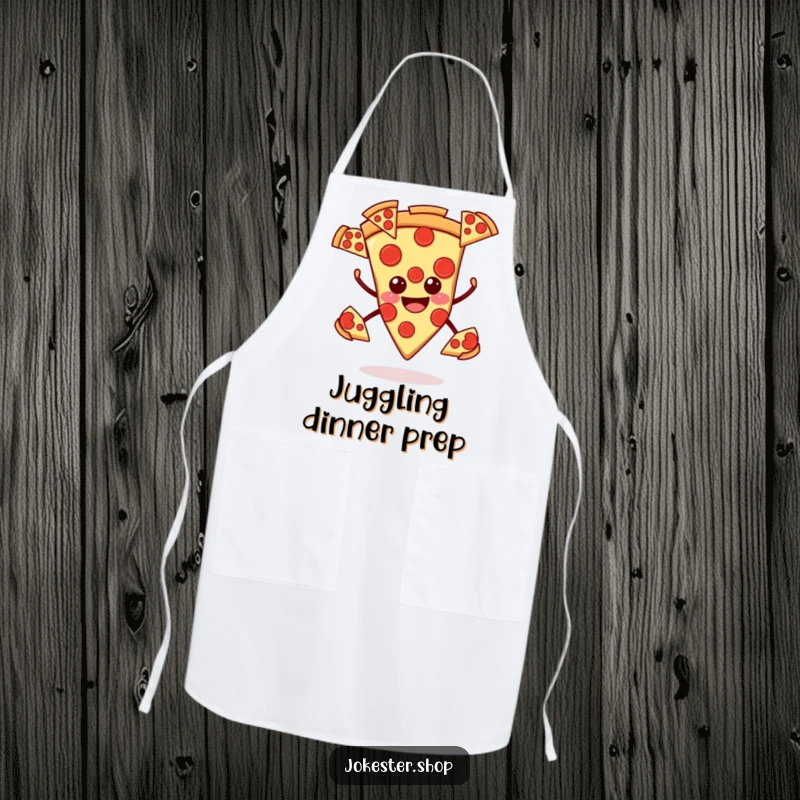 Funny pizza apron, smiling slice juggling pepperoni slices, a humorous and practical kitchen accessory.