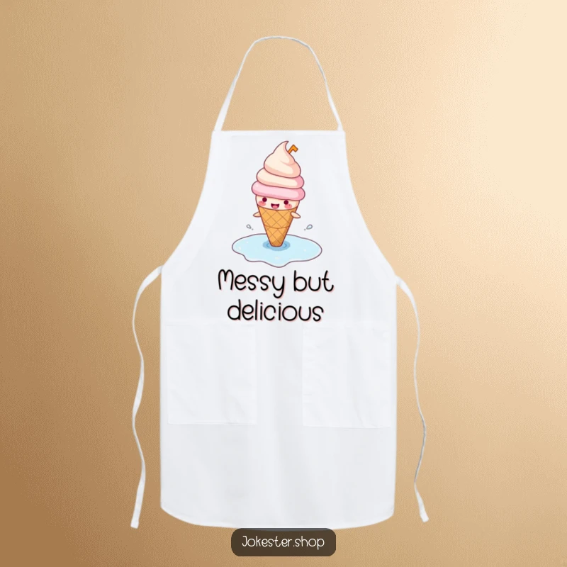 Funny apron depicting a happy ice cream cone in a hat, comically slipping on its melted puddle, ideal for adding humor to kitchen tasks.