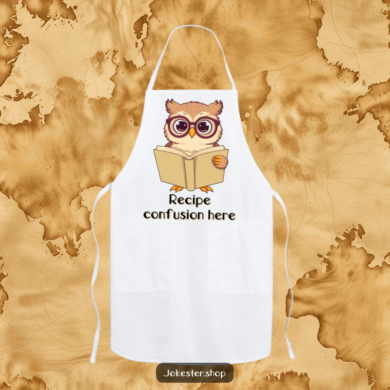 Funny owl character with oversized spectacles, looking bewildered by a giant book, printed on a kitchen apron.