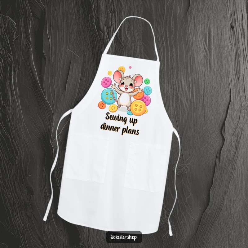 Funny mouse character dressed as a sewer, juggling colorful buttons. A functional and funny apron for crafters.