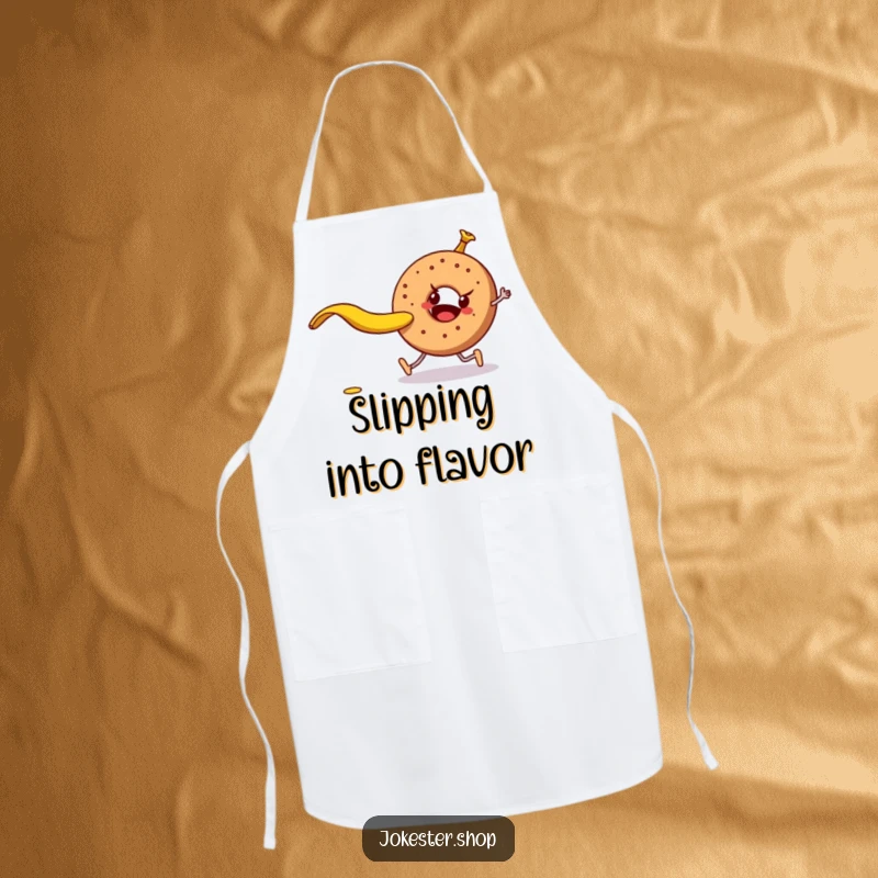 Funny mischievous banana peel attempting to trip a walking bagel, on a practical apron, perfect for a witty cook.