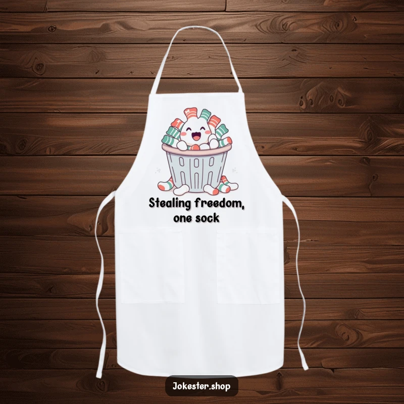 Funny apron depicting socks escaping a laundry basket, perfect for adding humor to kitchen tasks and making a great funny gift.