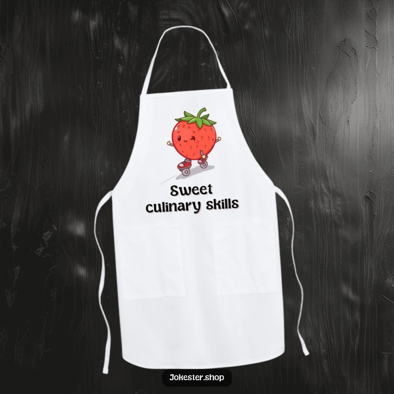 Funny plump strawberry wearing roller skates, wobbling down a hill, on a functional kitchen apron.