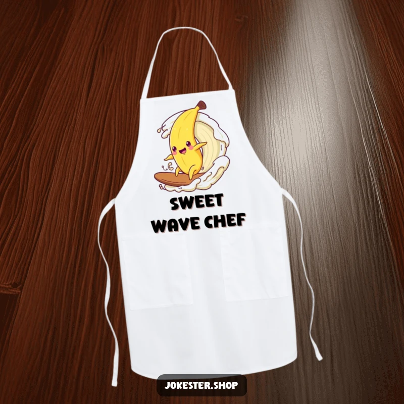 Funny apron showing a happy banana character surfing on a wave of cream.