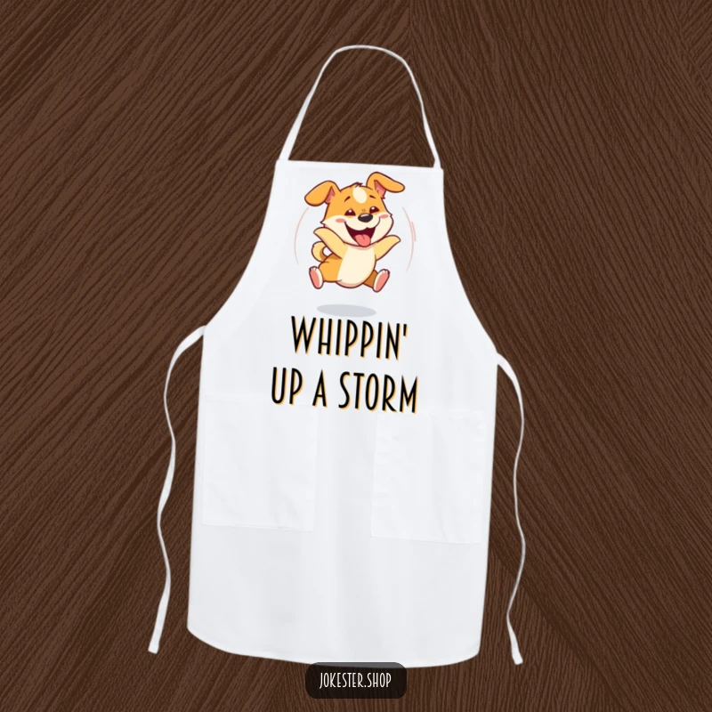 Funny dog character in a dizzy spin, hilariously chasing its tail with a goofy expression, printed on a kitchen apron.