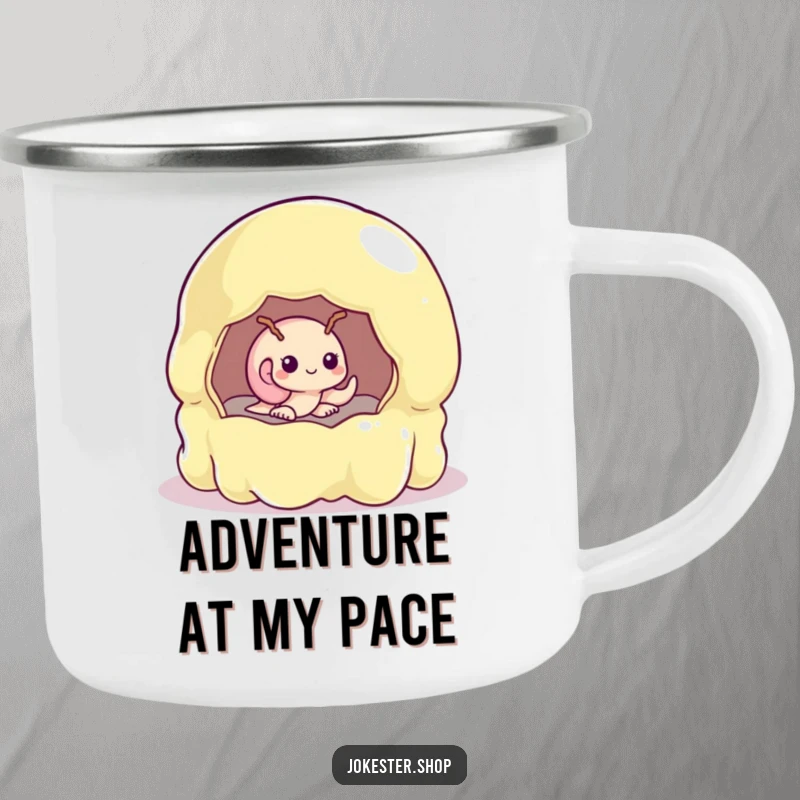 Funny shy snail peeking from a large, wobbly jelly mold on a durable camping mug.