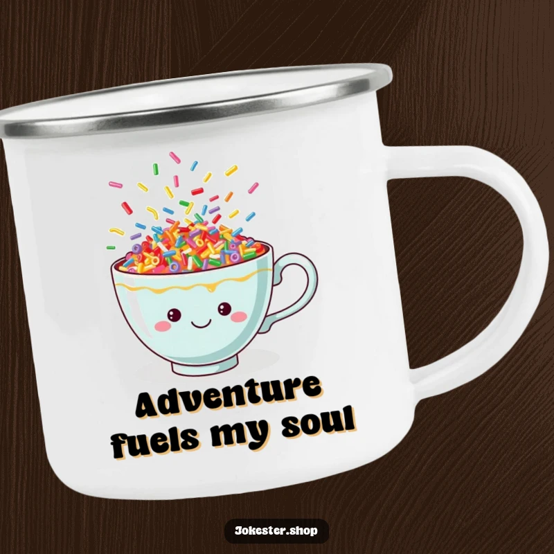 Funny sprinkle teacup camping mug, durable and cheerful, featuring a delightful cup overflowing with dancing colorful sprinkles.