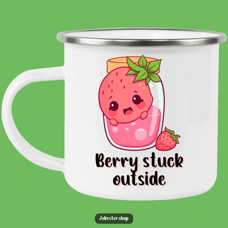 Funny Surprised Strawberry Jam Jar Camping Mug - Outdoor Fruity Cartoon Gift!