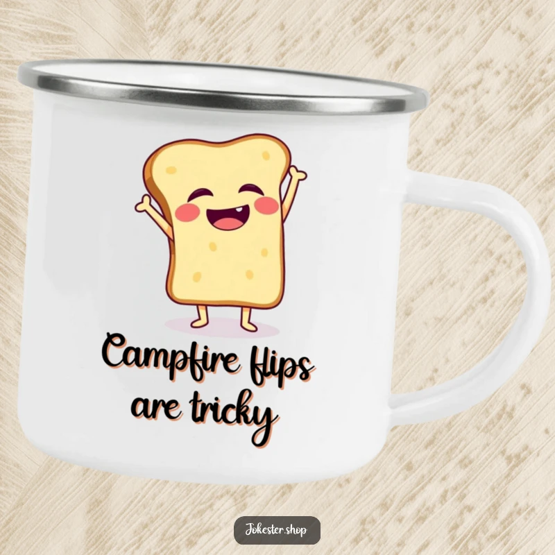 Funny camping mug showing a giggling toast slice wobbling mid-handstand, ready for any outdoor breakfast.