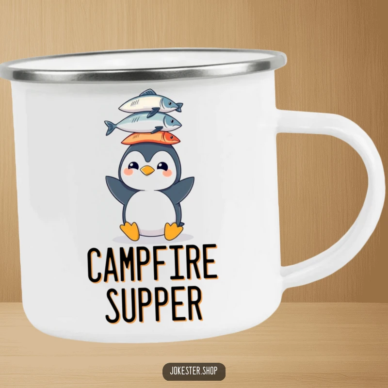 Funny enamel camping mug with a cheerful penguin character balancing a stack of fish on its head, designed for outdoor enthusiasts and humor.