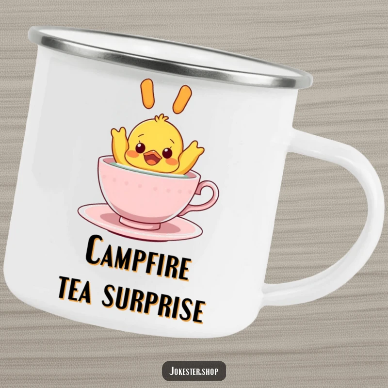 Funny Camping Mug: A surprised rubber ducky floating upside down in a teacup, ideal for enjoying beverages outdoors with a humorous and memorable design.