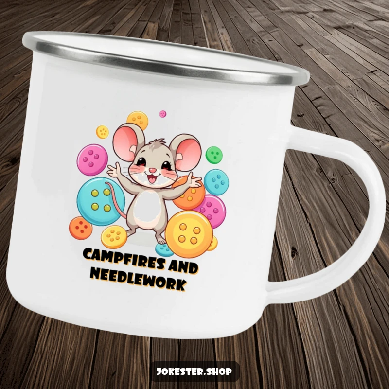 Funny mouse character juggling colorful buttons under the stars. A sturdy and funny enamel mug for outdoor fun.
