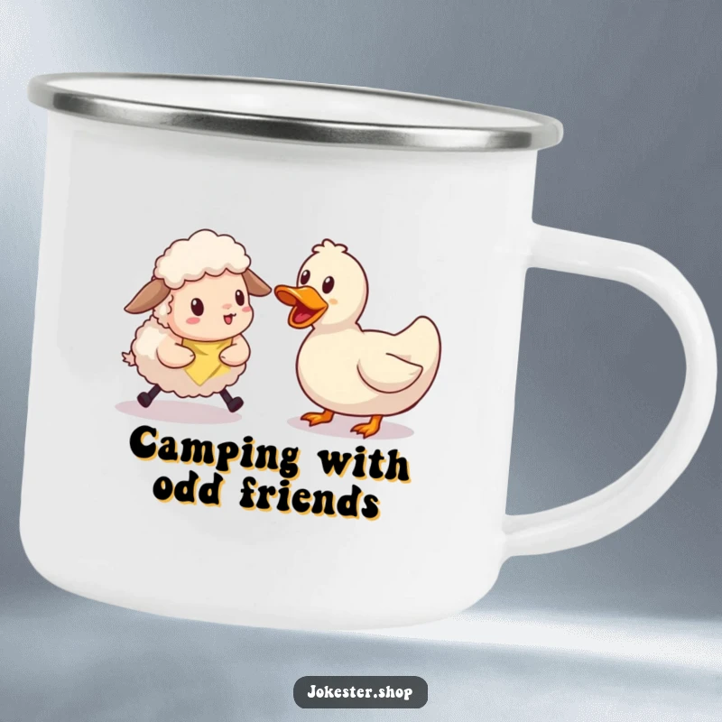 Funny sheep character trying to herd a stubborn rubber duck under the stars. A sturdy and funny enamel mug.
