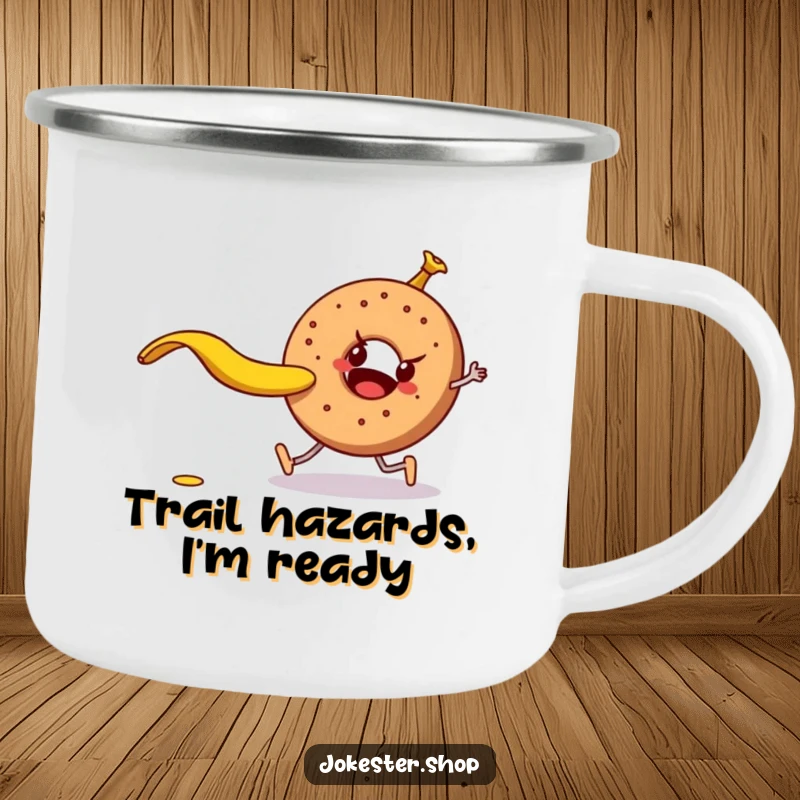 Durable funny banana peel attempting to trip a walking bagel, on a camping mug, perfect for humorous outdoor enjoyment.