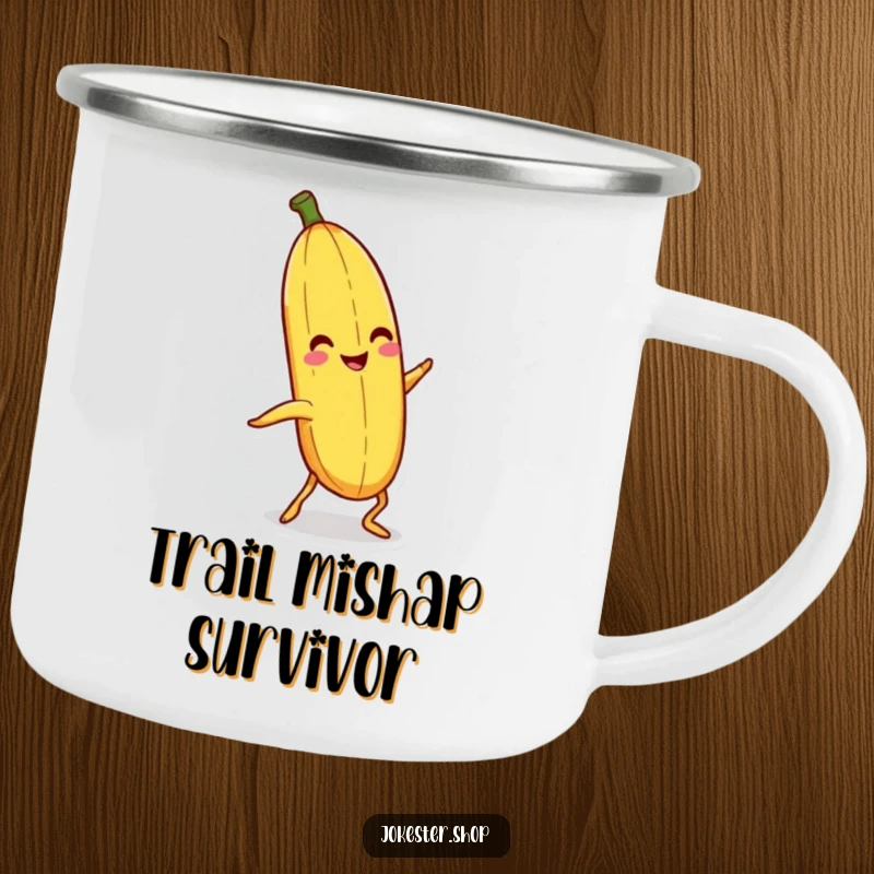 Funny banana peel with legs slipping on itself on a camping mug, a unique funny gift.