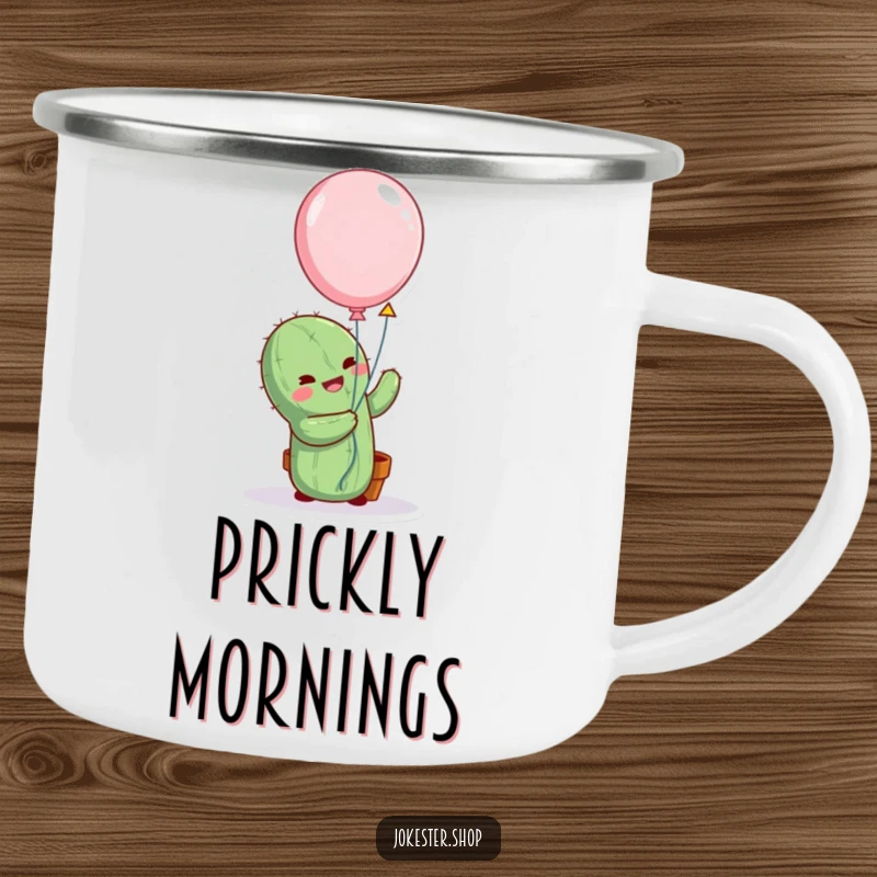 Funny cactus character comically hugging a balloon on a durable camping mug, ideal for outdoor humor and warm beverages.