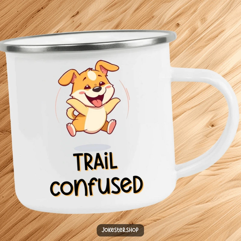 Funny dog character in a dizzy spin, hilariously chasing its tail with a goofy expression, printed on a camping mug.